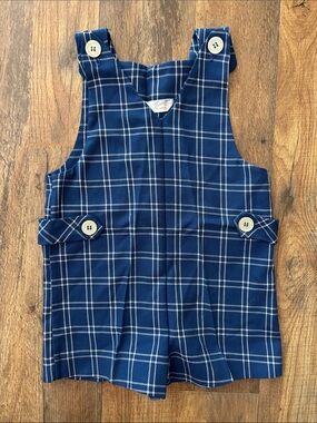 Thomas Vintage Blue Plaid Boys One Piece Shorts Overalls